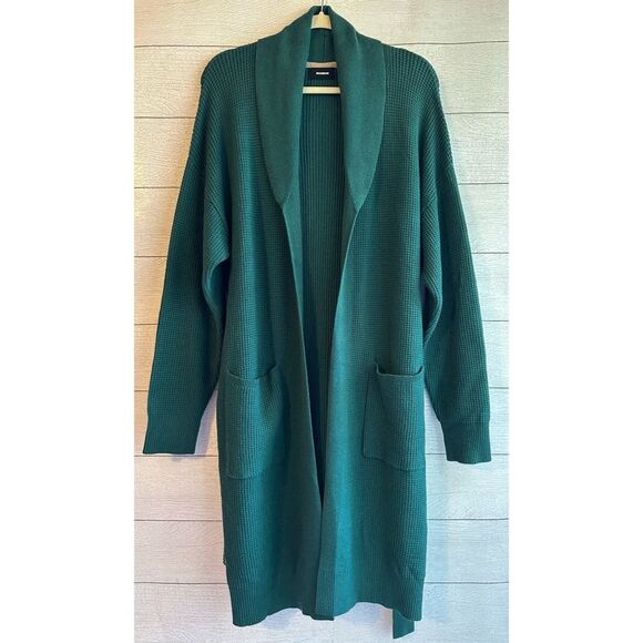 MONROW Soft Knit Waffle Long Tie Waist Cardigan Green - Picture 1 of 14